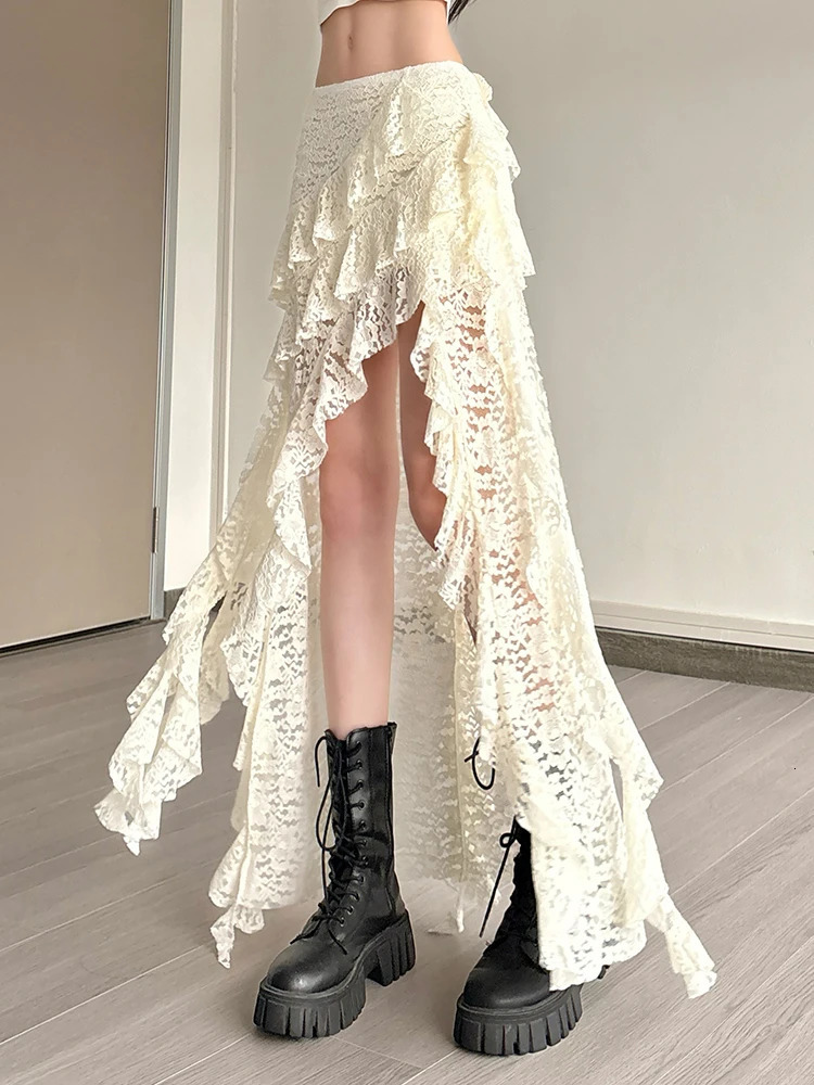 Weird Puss Tassels Women Skirts Chic Irregular Hem MultiLayered Ruffles Lace Patchwork Summer Trend Skinny Versatile Bottoms 250514