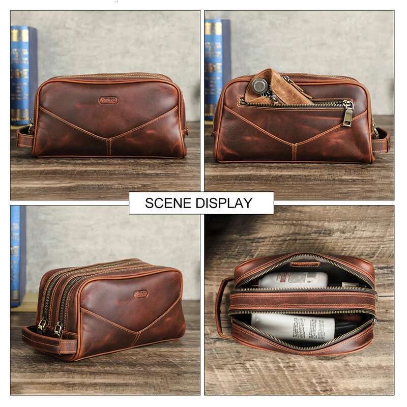 Crazy Horse Genuine Travel Makeup Bag Men's Vintage Leather Cosmetic Cases Brand Washing Storage Toiletry Bags