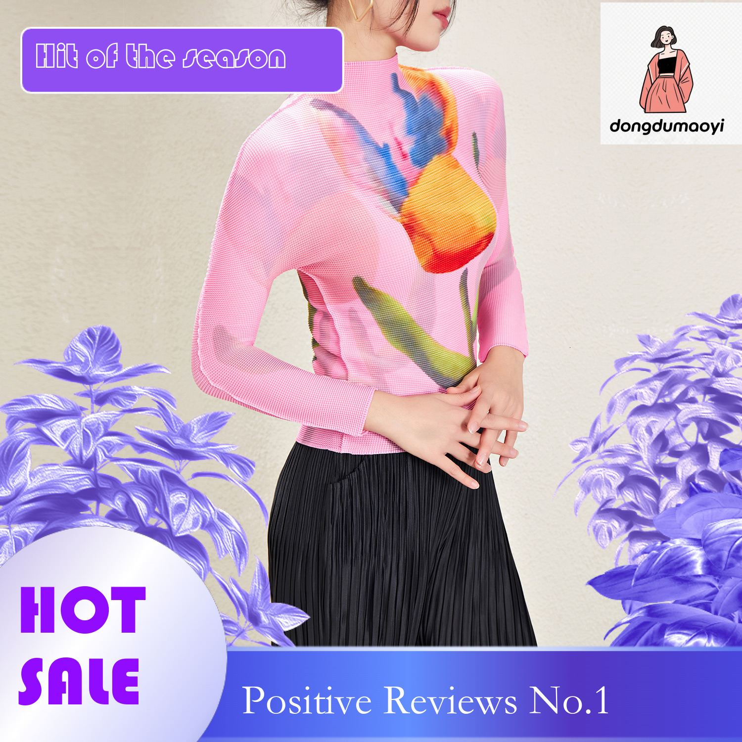 dongdumaoyi Miyake printed long sleeved T-shirt with 2024 spring new style slim fit and slimming design, pleated base shirt top