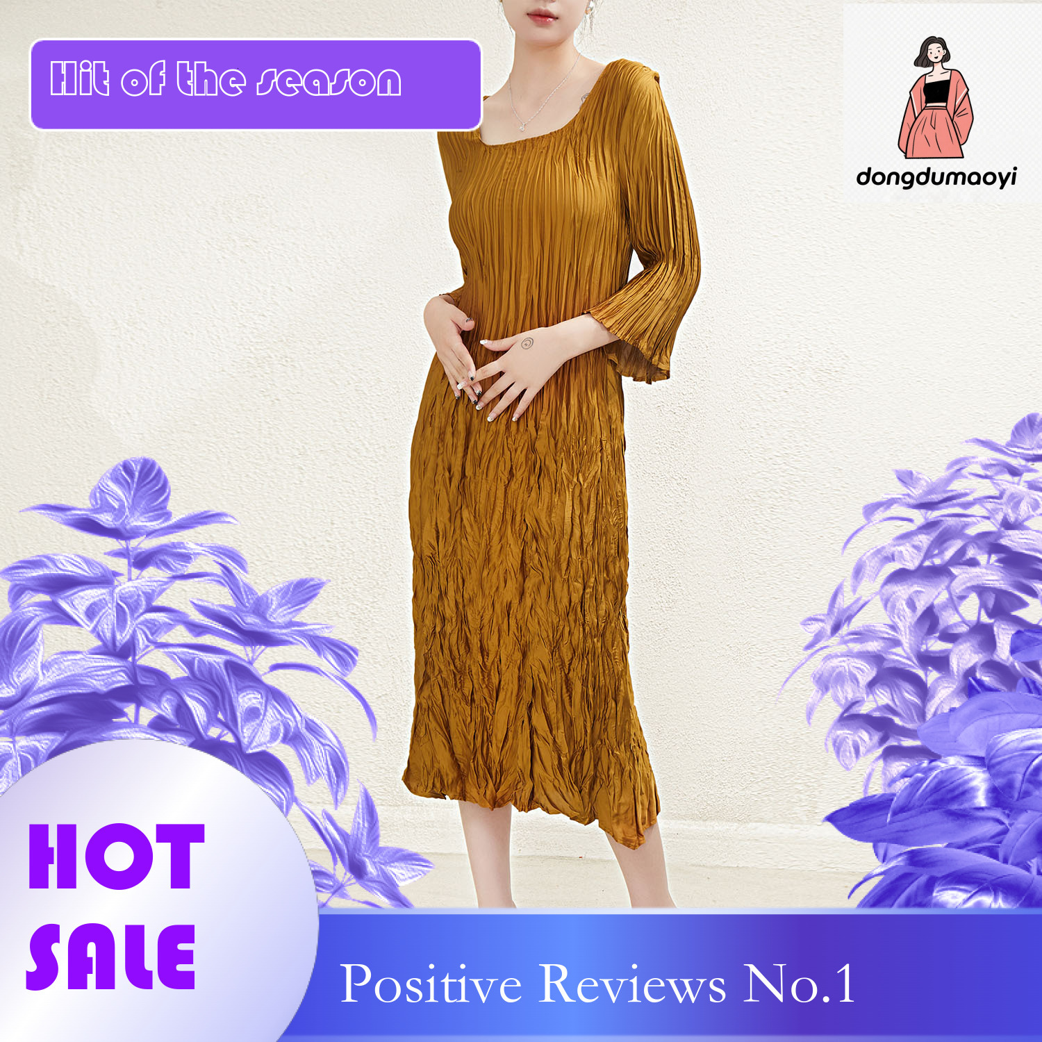 dongdumaoyi Miyake s new black slimming dress with a pleated design and temperament short sleeved plus size medium long skirt