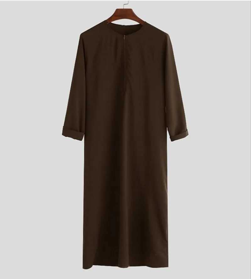 Mens Muslim Robe Middle East Saudi Arabia Dubai Islamic Loose Robe Zipper Shirt Solid Color Round Neck Long Sleeve T-shirt X250514