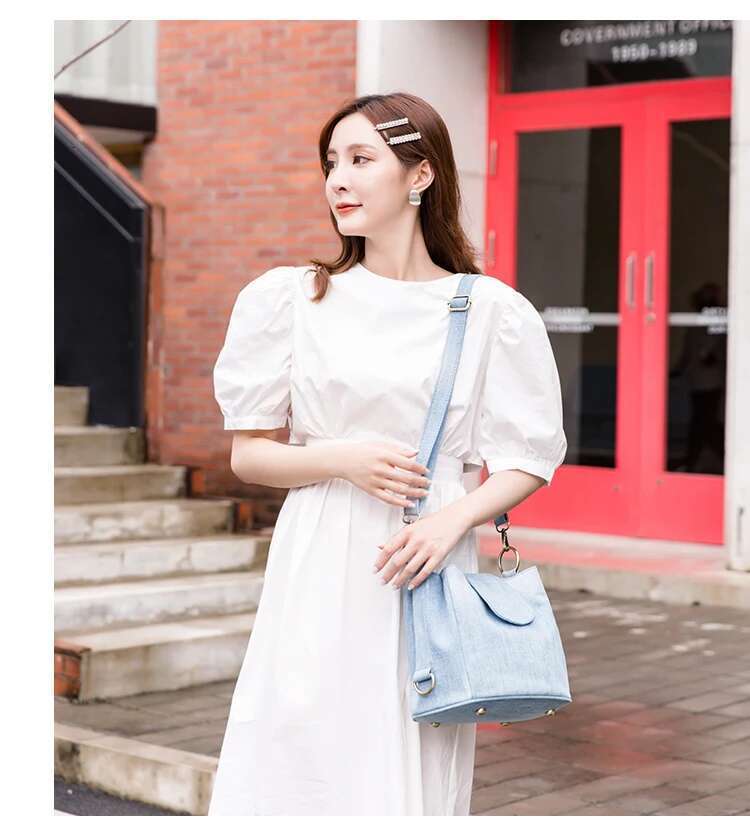 Casual Denim Bucket Bag For Women Shoulder Crossbody Bag Multiple Pockets Ladies Handbag Design Female Big Totes Blue