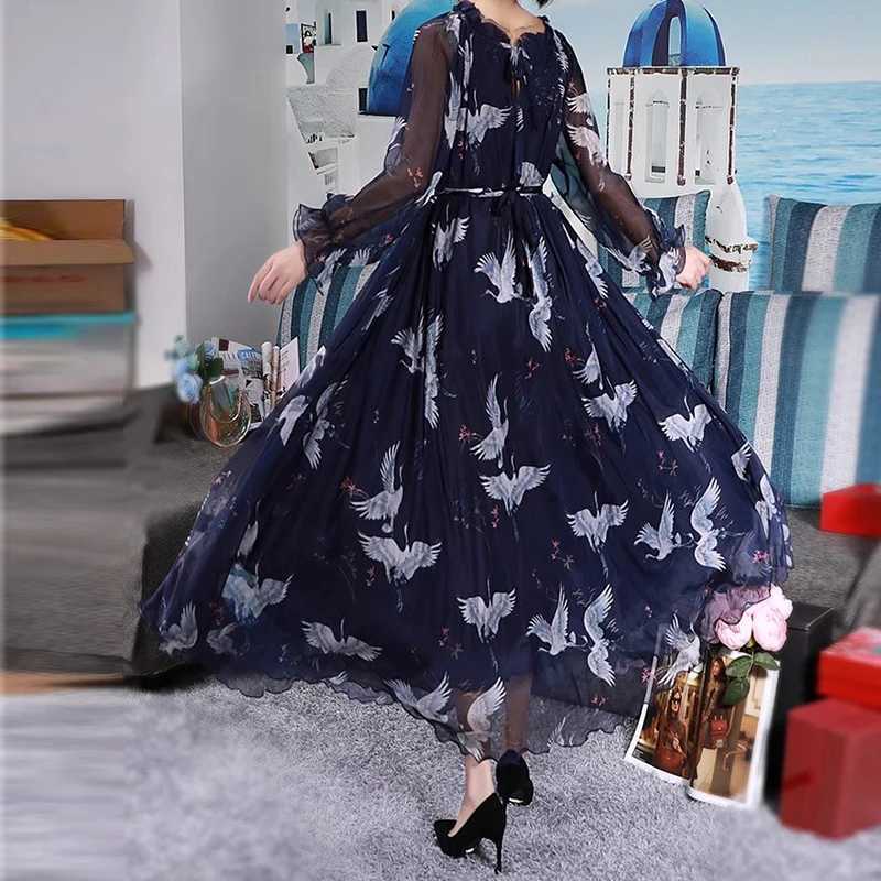 2024 Boho Floral Print Summer Dress Women Vestidos Elegant Fashion Loose Chiffon Long Slve Muslim Abaya Islamic Clothing Robe X250514
