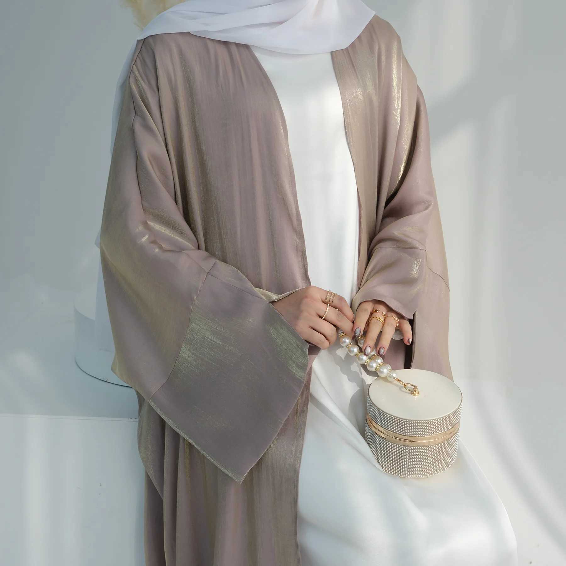 Plain Dubai open abaya moroccan kaftan turkish shiny Ramadan stain dresses Islam Muslim Modest Dress Sets Prayer Clothes Women X250514