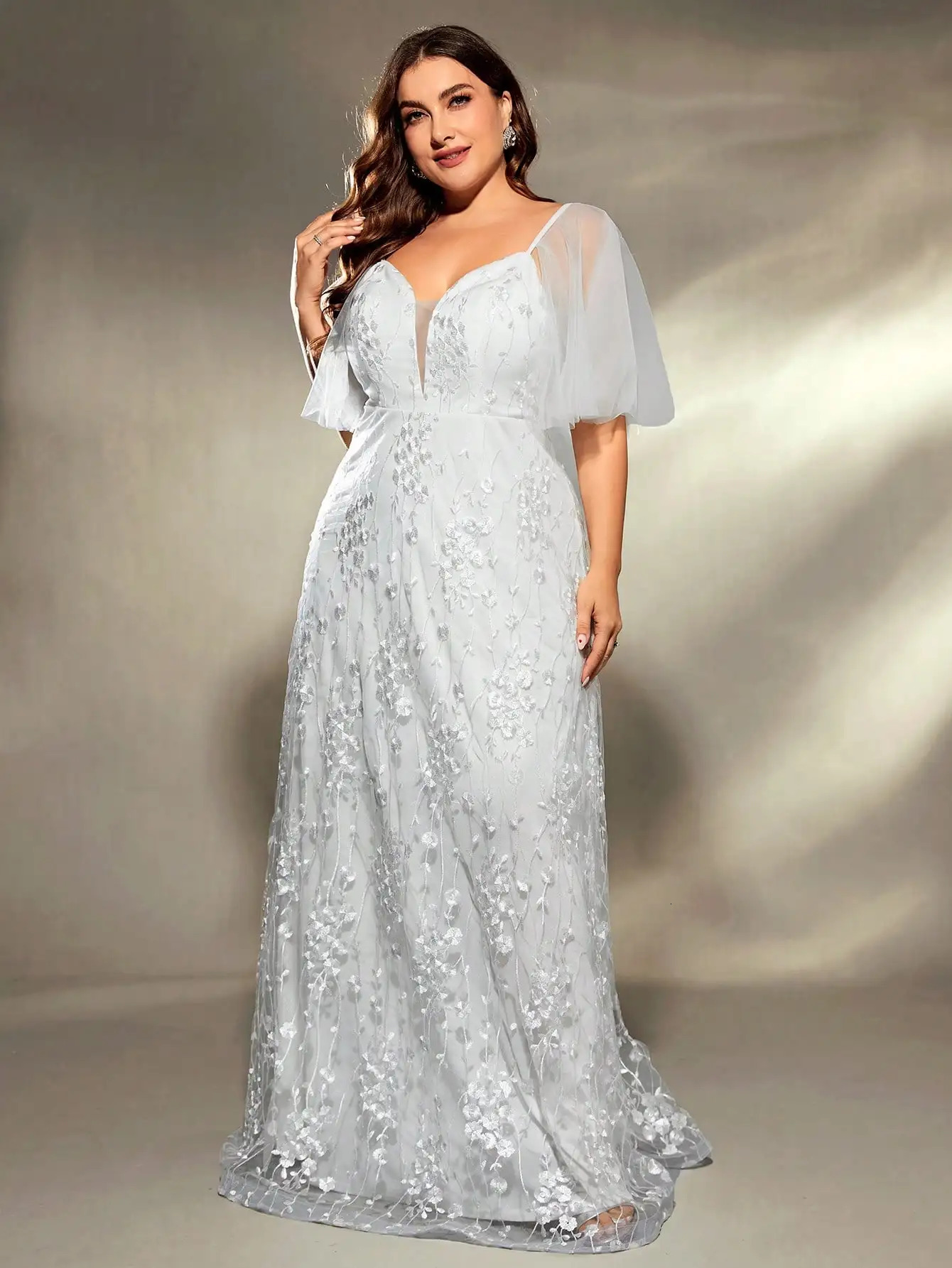 Mgiacy plus size Vneck gauze large trumpet sleeve patchwork embroidered lace A set wedding dress PROM Party 250506