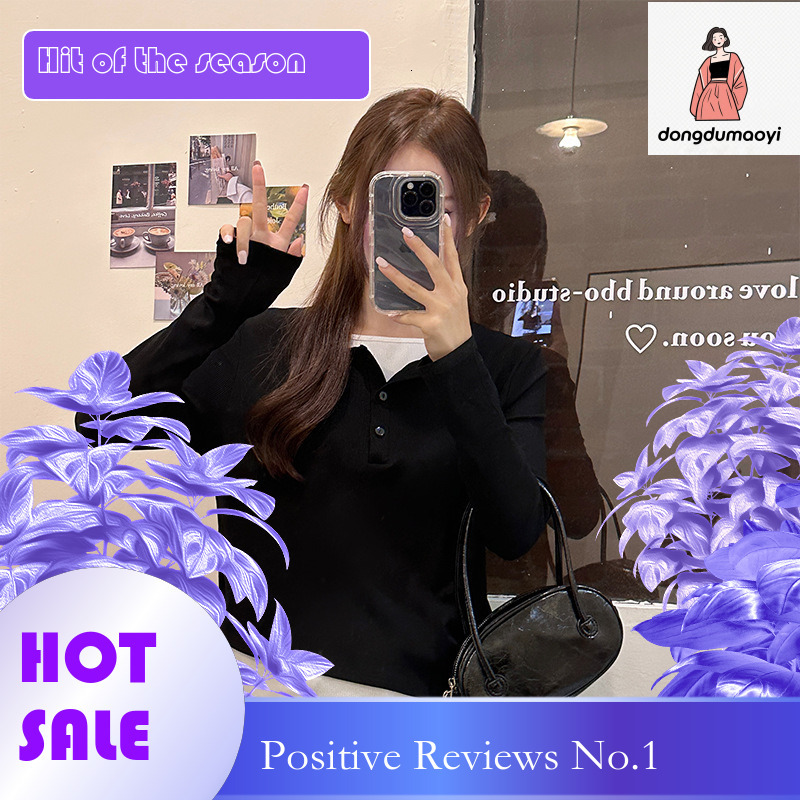 dongdumaoyi Fake two t-shirts, small breasted long sleeves, early autumn design sense, niche contrasting color top, inner bottom layer, women's c