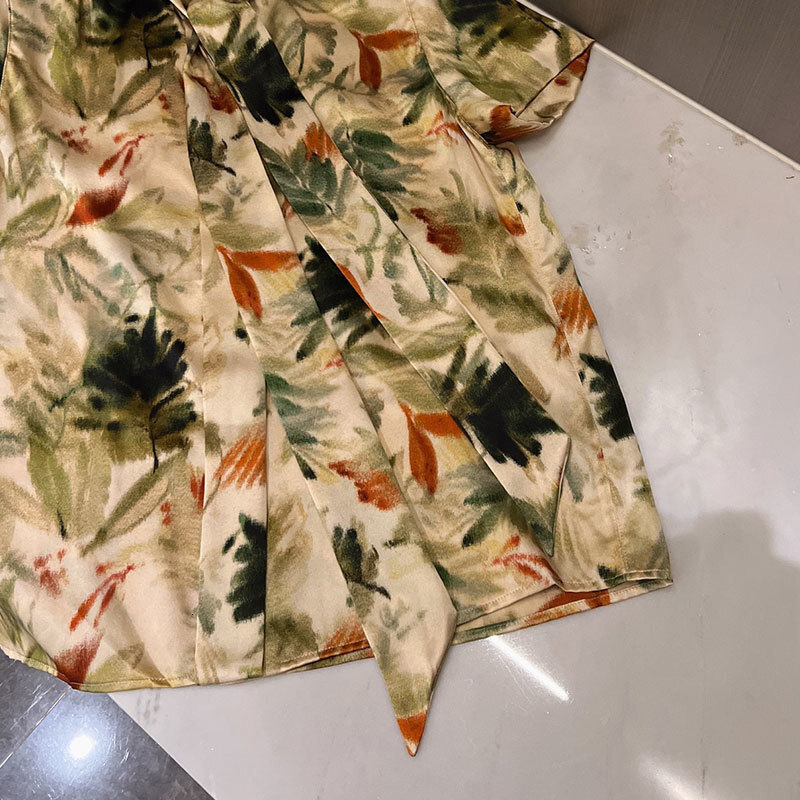 Summer Women's Botanical Print Silk Satin Skirt Set Fashion Lace Up Neck Short Sleeve Shirt Simple High-Waist Tie Knee-Length Pleated Skirt Class