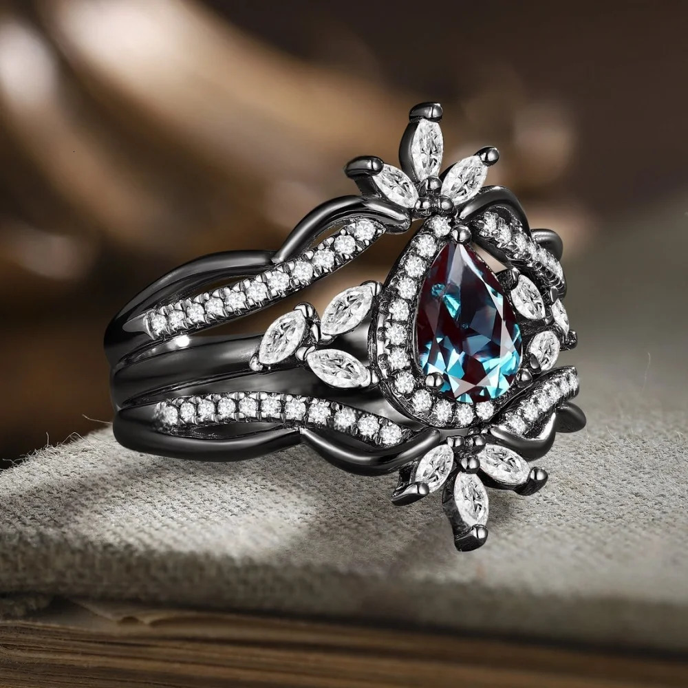 3 Piece Retro Gun Plated Black Ring Micro Black Zircon Irregular Couple Engagement Ring Set 250509