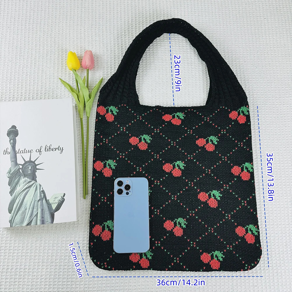 Fashion Cherry Knitting Shoulder Bag for Women Raffia Woven Boho Hand Large Travel Shopping Causal Crochet Tote Handbags 250514