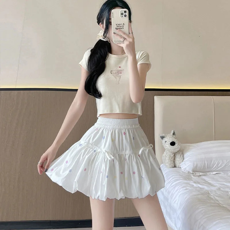 Korean Chic White Flower Bud Skirt Ladies Sweet Ballet Ball Gown Mini Woman Elastic Waist Bow LaceUp Print ALine Skirts 250514