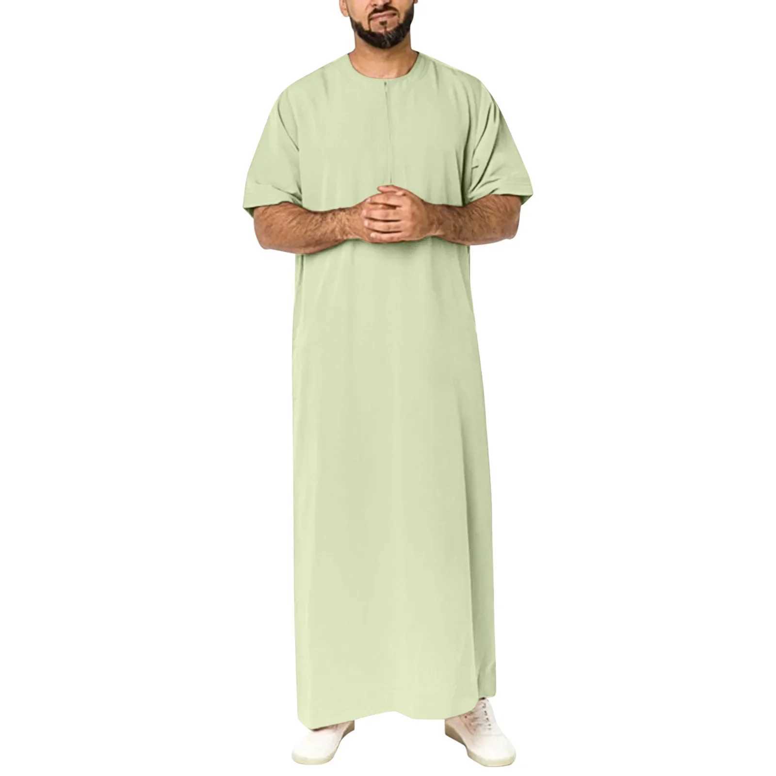 Mens Solid Color Robes Saudi Zipper Man Vintage Short Sleeve O Neck Eid Muslim Arabic Islamic Clothing Jalabiya Caftan Kaftan X250514
