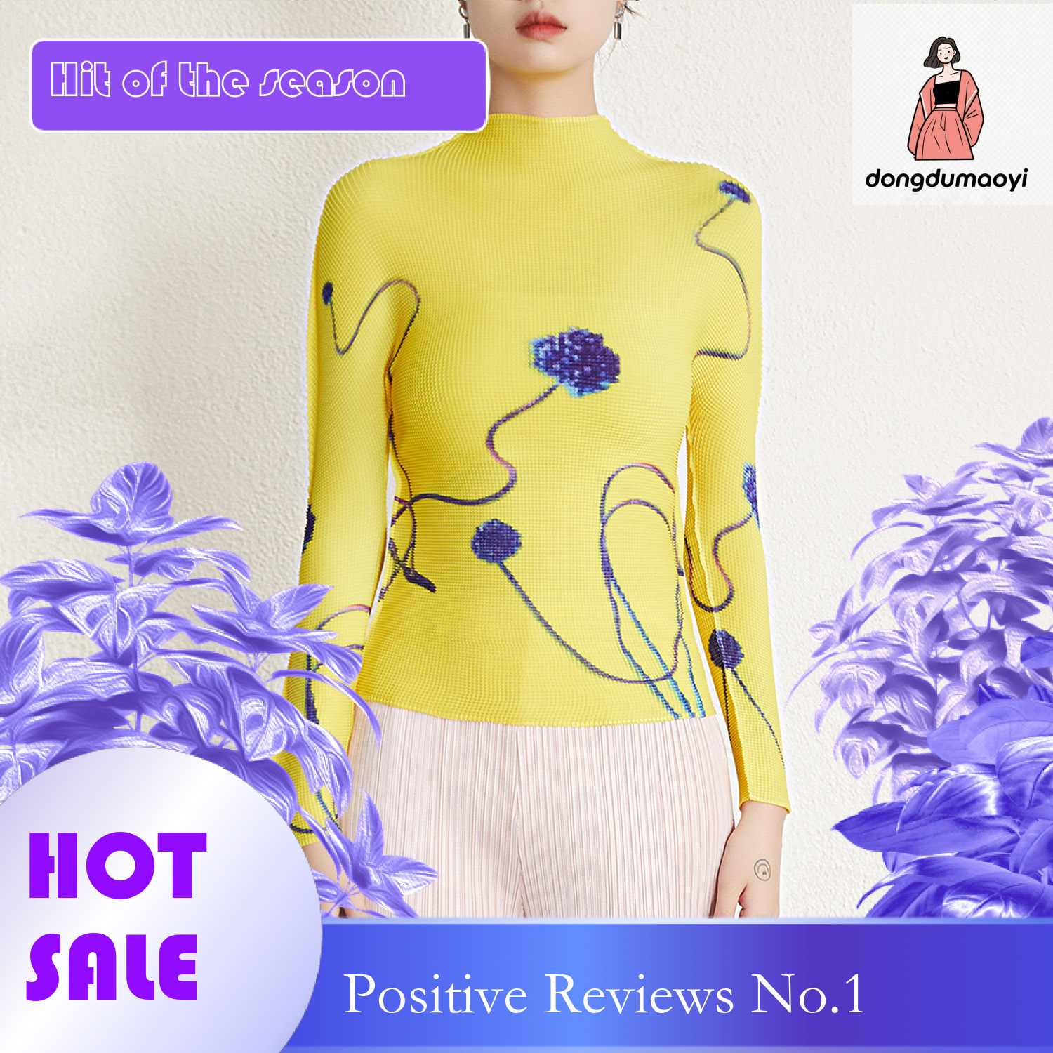 dongdumaoyi Autumn winter new design pleated printed long sleeved top T-shirt for women's three bedroom semi high neck slim fit and slimming base