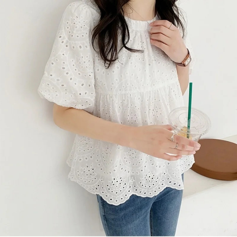 Fashion Hollow Out White y Women Blouses Short Sleeve Casual Loose Shirts Summer Elegant Puff Tops 250514