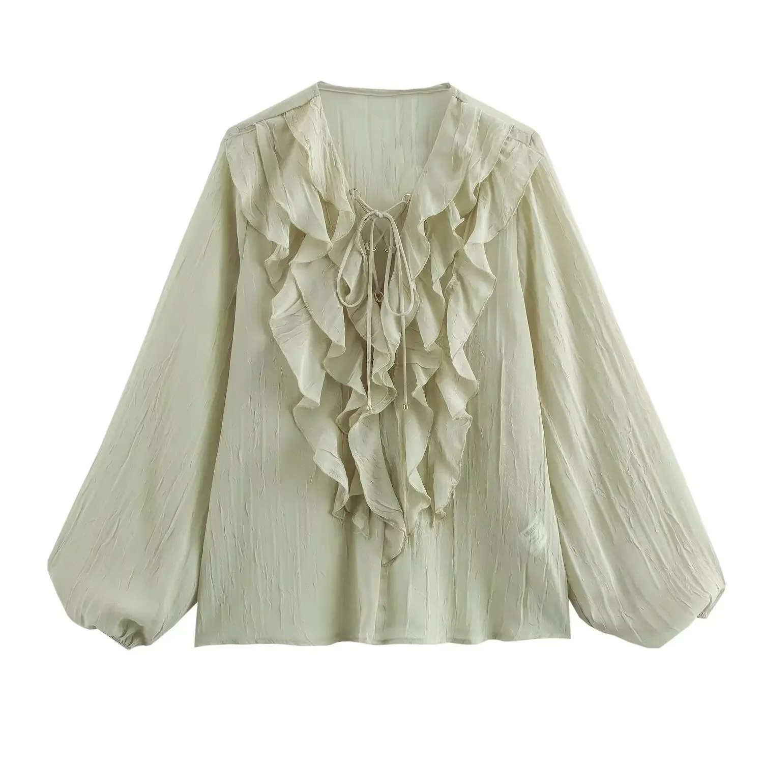 ZBZA Women Laceup Layered Cropped Shirt Solid Color Loose Vneck Puff Sleeves Elegant Sweet Blouse Spring Summer Chic Suit 250514