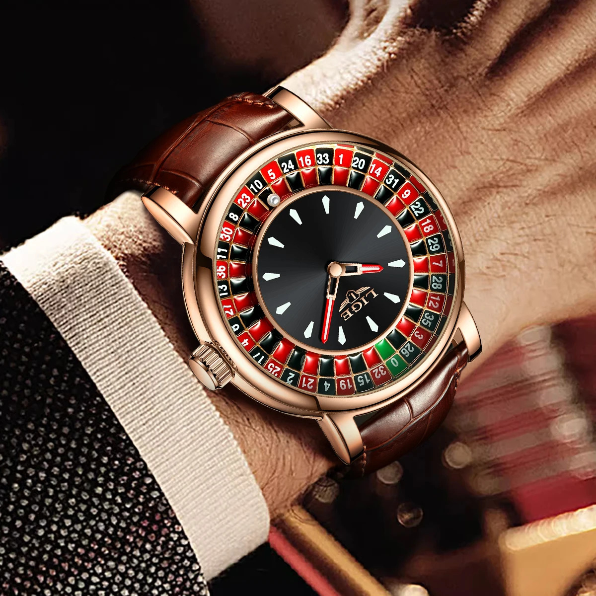 LIGE Fashion Brown Leather Men Watch Rotating Dial Las Vegas Roulette Desktop Theme Waterproof Luminous Clock Watches 250509