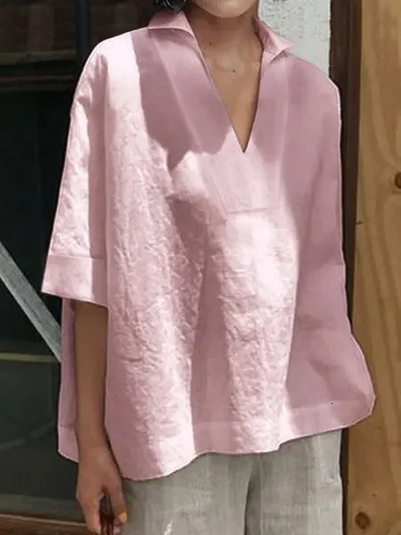 2025 Autumn Cotton Linen Women Top White Solid Half Sleeve V-neck Loose Casual Blouse Female Summer All-match Shirt Lady Clothes 250513