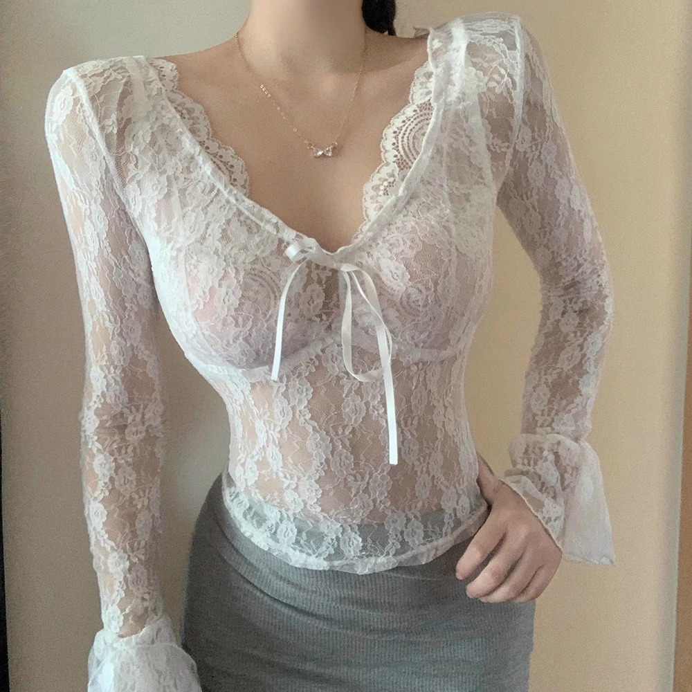 Womens Sexy Lace Hollowout Deep VNeck Shirt Korea Long Sleeve Blouse Summer Female BellSleeved Top 250514