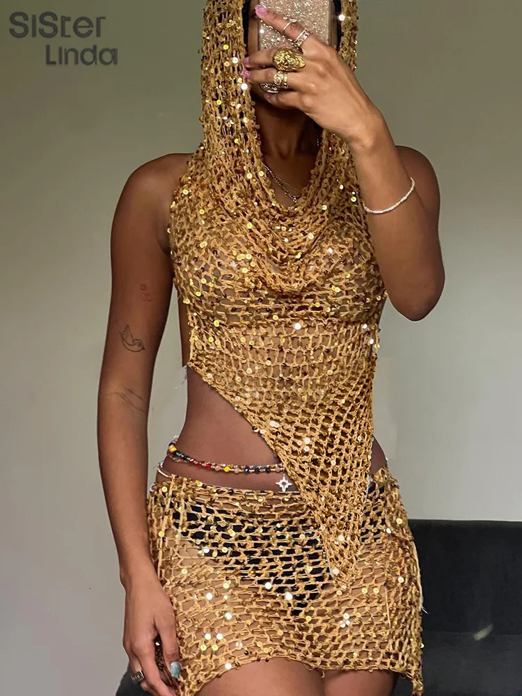 Sisterlinda Sequins Hooded Women 2piece Set Sleeveless Asymmetrical Bandage Backless Tank TopsPeach Hip Skirt Midnight Clubwear 250513