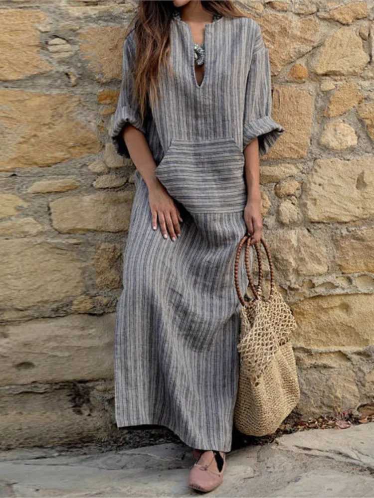 Autumn Womens New Cotton Linen Yarn-dyed Striped Long Dress Fashionable Big Pockets Sexy V-neck Long-sleeved Loose DressXJ250514