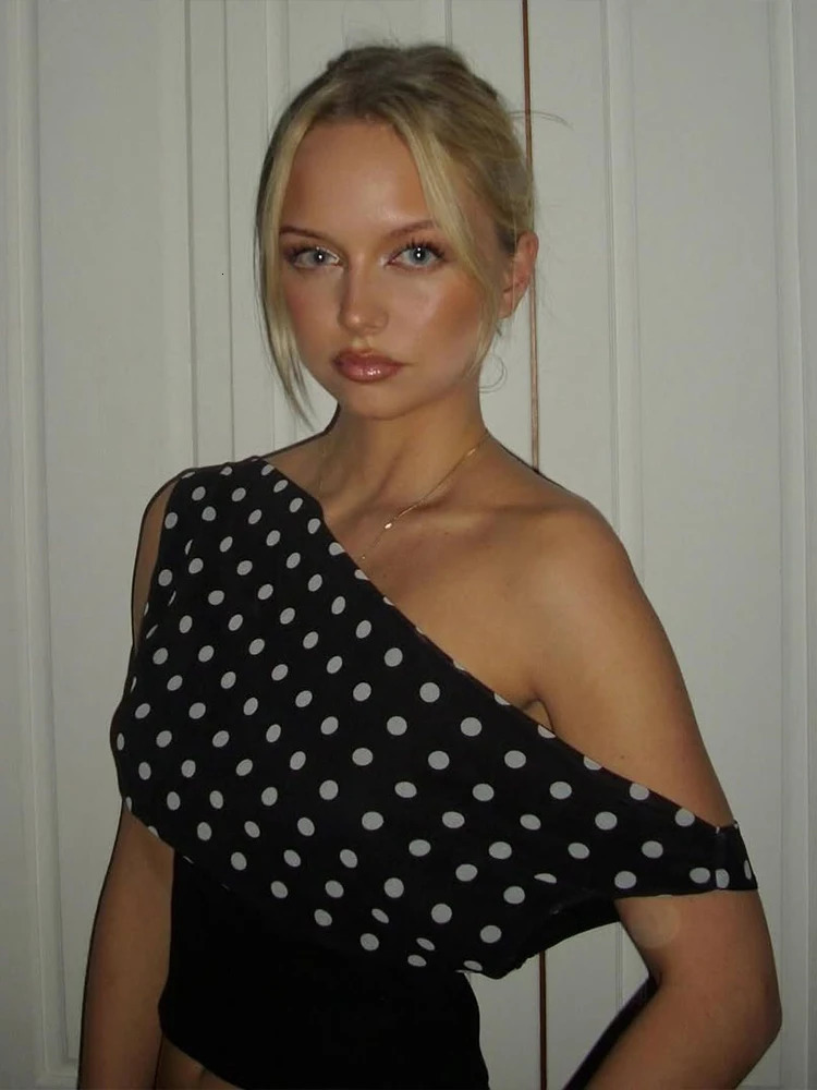Weird Puss Polka Dots Print TShirts Women Summer Trend Skew Collar Off Shoulder Backless Street Fashion Ruched Crop Tops 250514
