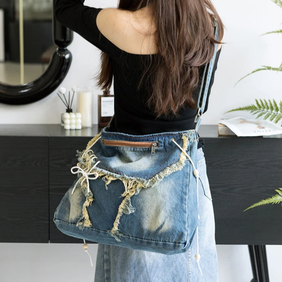 Y2K Korean Harajuku Gothic Hobo Denim Bag Aesthetic Vintage Purses WomenHandbag Crossbody Messenger Tote Peddler Shoulder Bags 250514
