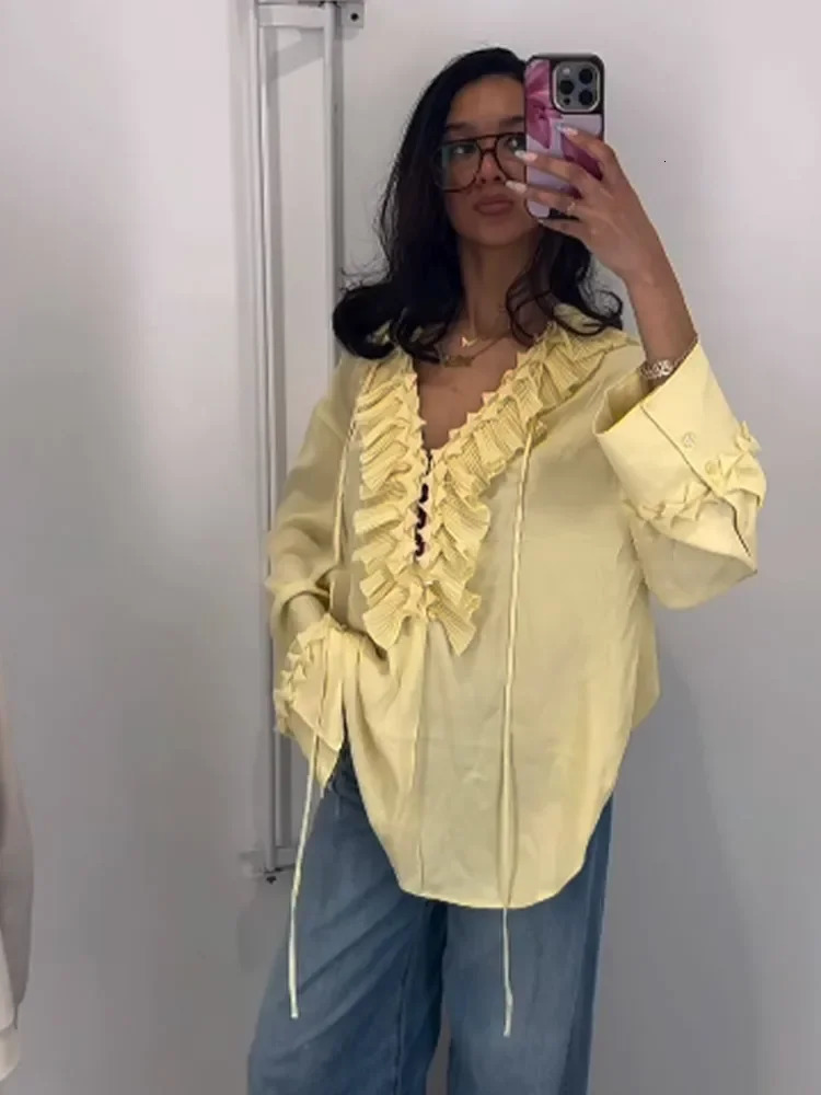 Ruffles Full Sleeve Chiffon Solid Shirt Women Casual Loose V Neck Yellow High Street Blouses 2025 Spring Summer Holiday Tops 250513