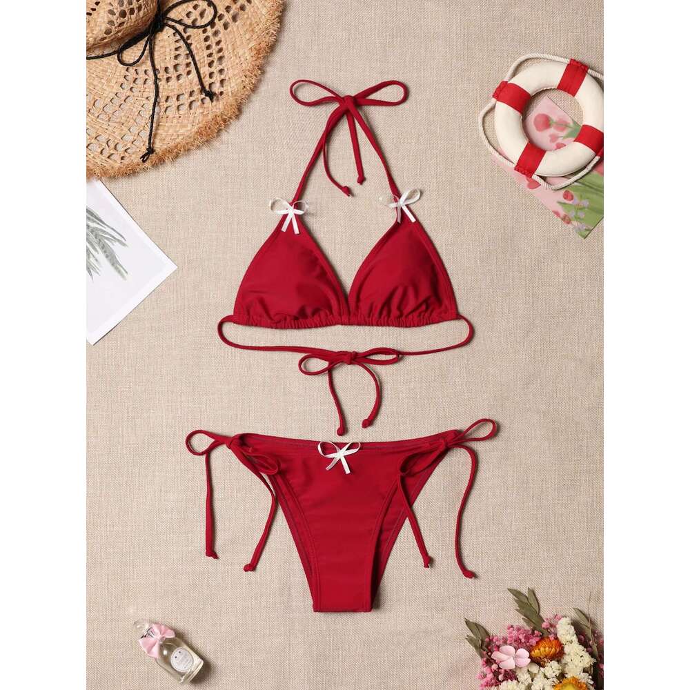 Triangle Tie Side Swimsuit New Arrival Biquini Padded Bra Sexy Solid Bikini Set Women's Swimwear Summer Fashion