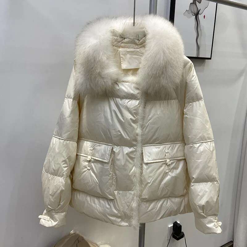 2023 Fashion Autumn Winter Real Mink Fur Coat Women Natural White Duck Feather Down Jacket Outerwear Loose Streetwear