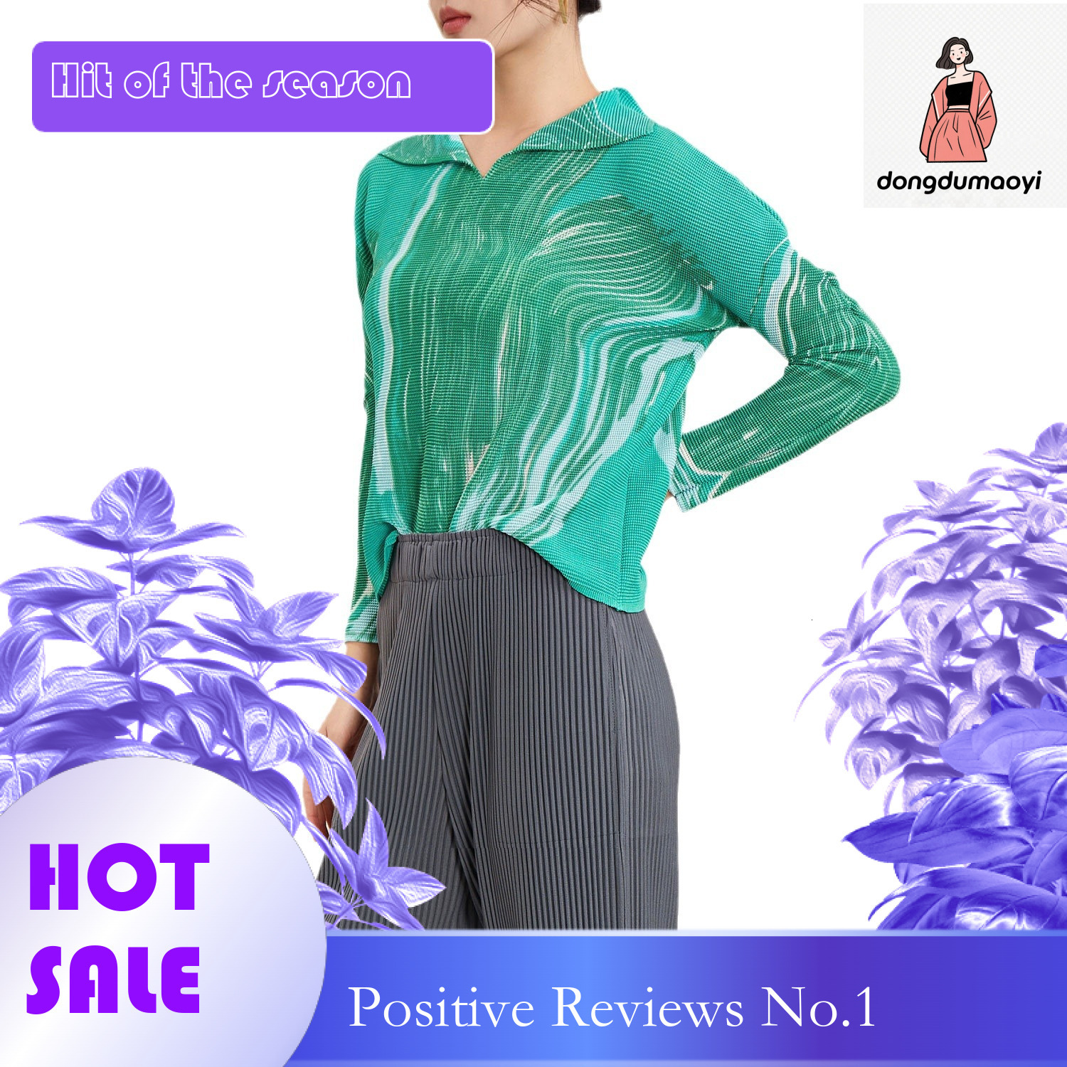 dongdumaoyi Miyake printed top 2024 spring women's clothing new pleated commuting loose casual slimming long sleeved T-shirt