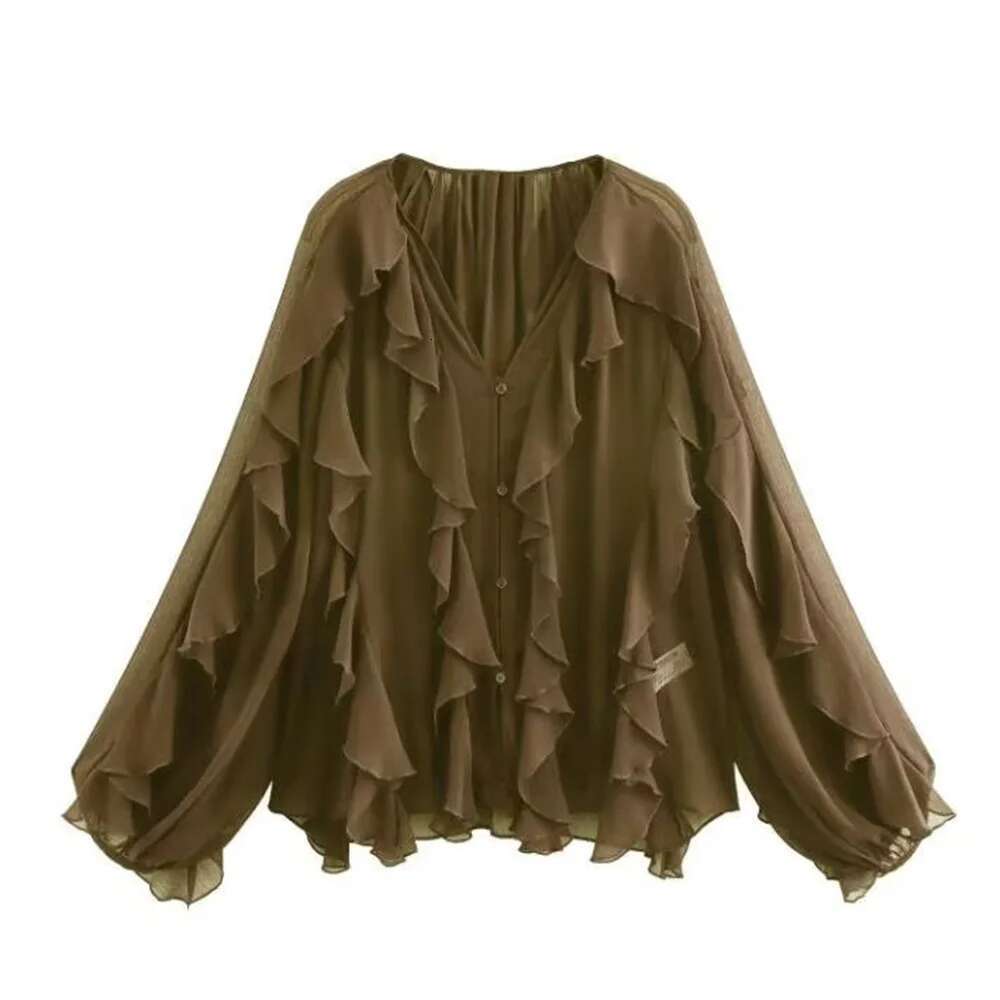 VEITCHE Spring Summer Women Fashion Casual Ruffles Blouses Semi-Sheer Loose V Neck Tiered Single Breasted Solid Color Chic Tops