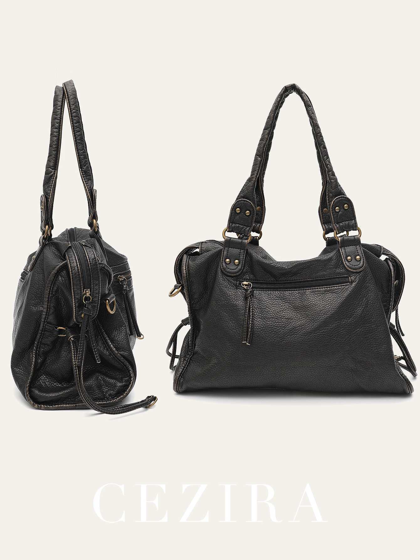 Vintage Wed PU Leather Large Capacity Tote Zip Pockets Braid Decor Shoder Cross body Bag Unisex Wen Daily Travel Handbag Z250514