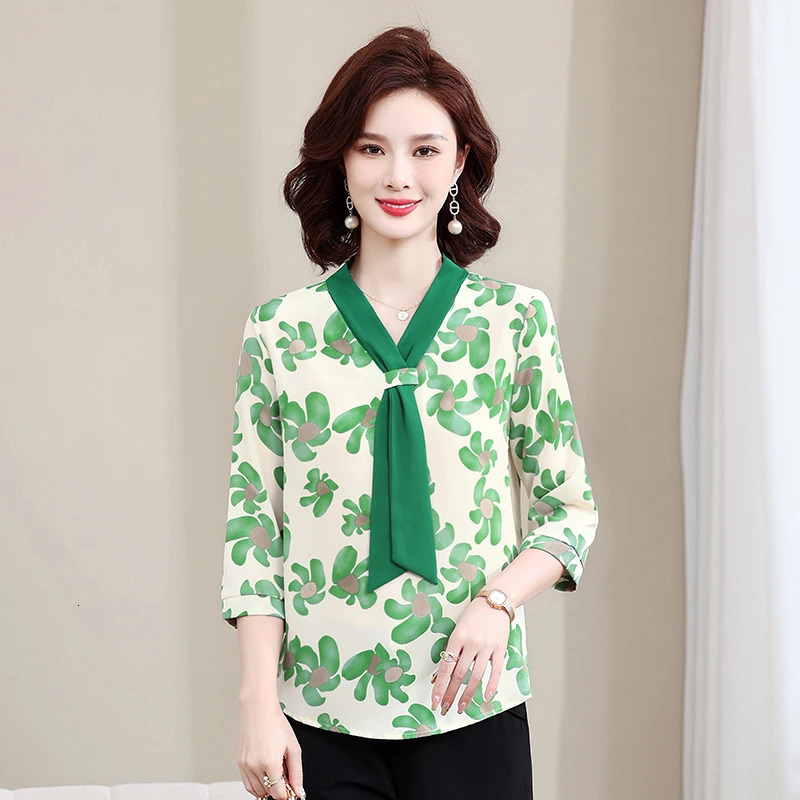 Fashion Printed Spring and Autumn shawl collar Womens Floral Checked Mid Sleeved Loose Chiffon Tops 250514