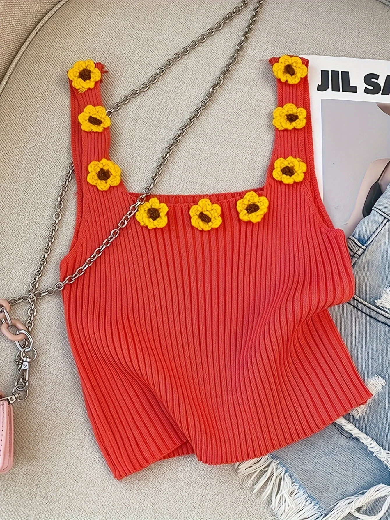 2025 Summer Knitted Sunflower Decorative Vest Sweet Square Neck Sleeveless Crop Top Womens Clothing Camis y2k 250506