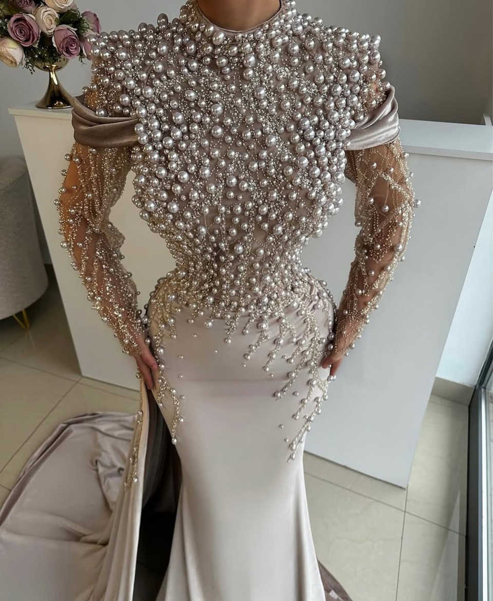 Luxurious Pearls Prom Dresses Mermaid High Neck Celebrity Evening Dresses Sequined Party Gown Vestidos De Noche Customized