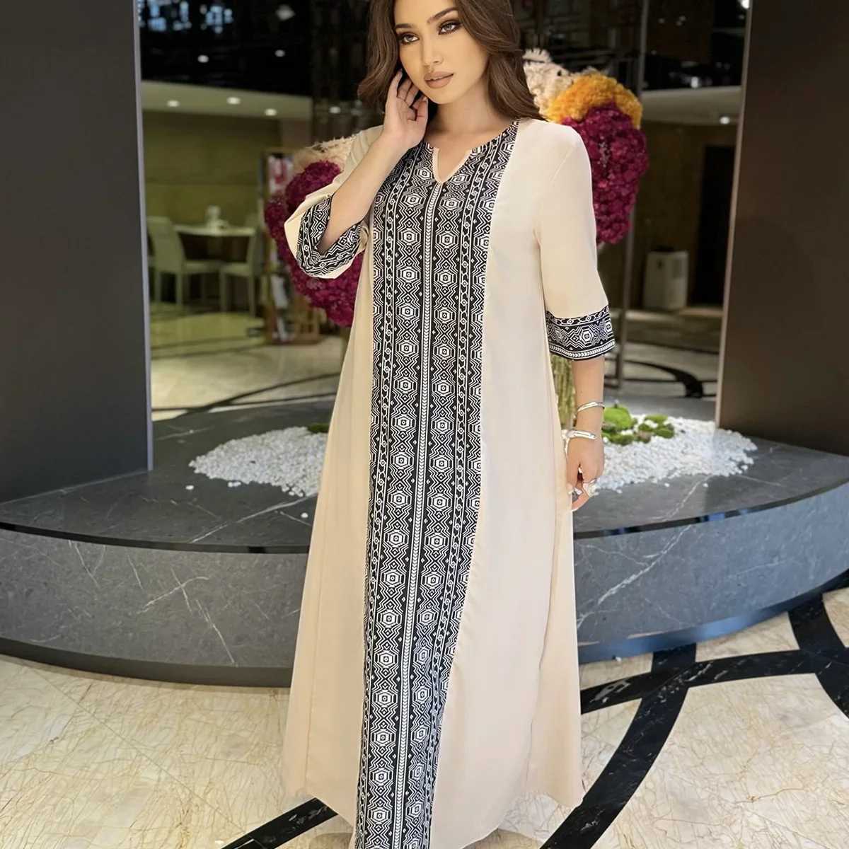 Muslim Maxi Dresses for Women Hijab Dress Elegant Woman Printed Ayabas Dresses Half Slve X250514