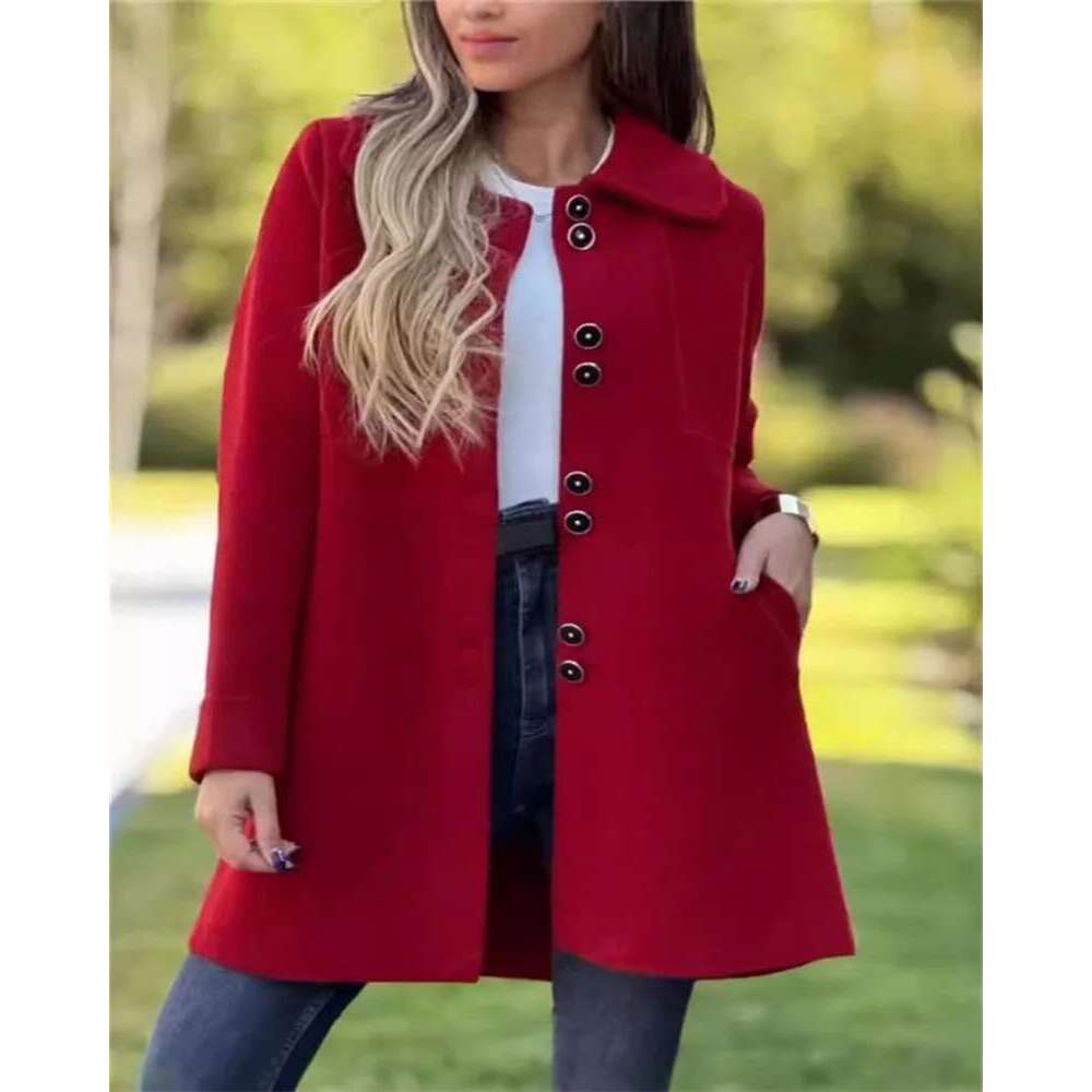 Plus-size fashion autumn and winter casual plain button lapel long-sleeved jacket women's apparel