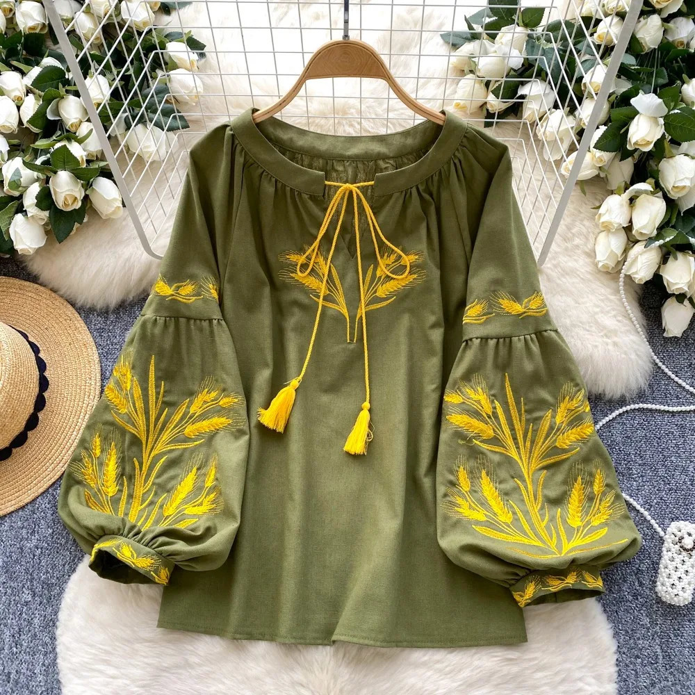 Neploe Vintage Heavy Ethnic Style Panelled Shirt Lace Up O Neck Embroidery Lantern Blouses Western Loose Casual All-match Blusas 250513