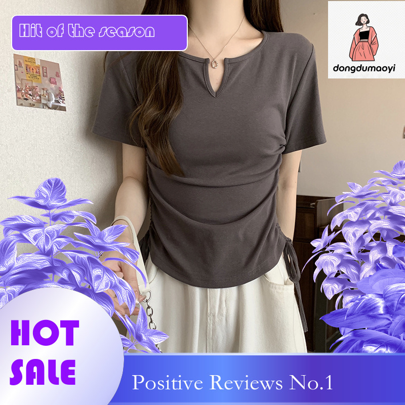 dongdumaoyi Design sense drawstring slim fit short sleeved T-shirt with exposed waist and spicy style women's clothing 2025 summer new sweet shou