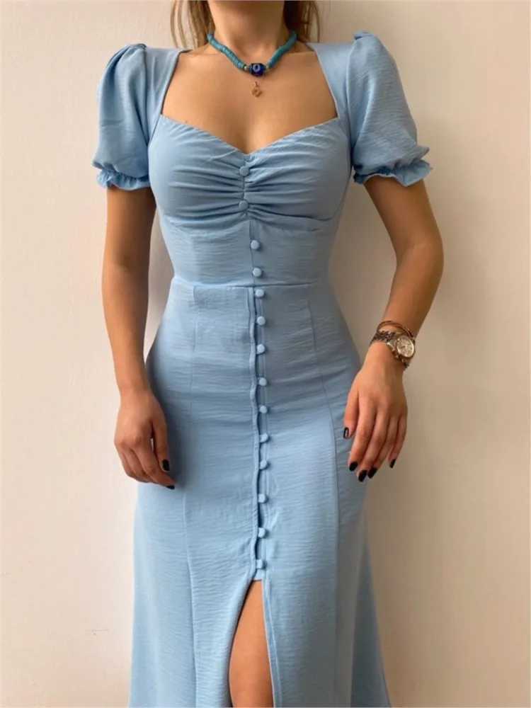 Dresses For Women 2024 Summer New V Neck Short Sleeve Single-breasted Midi Dress Elegant Holiday Casual Dresses Sexy Slit DressesXJ250514