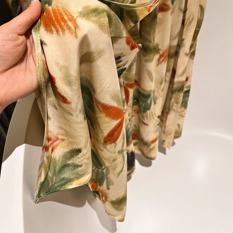 Summer Women's Botanical Print Silk Satin Skirt Set Fashion Lace Up Neck Short Sleeve Shirt Simple High-Waist Tie Knee-Length Pleated Skirt Class