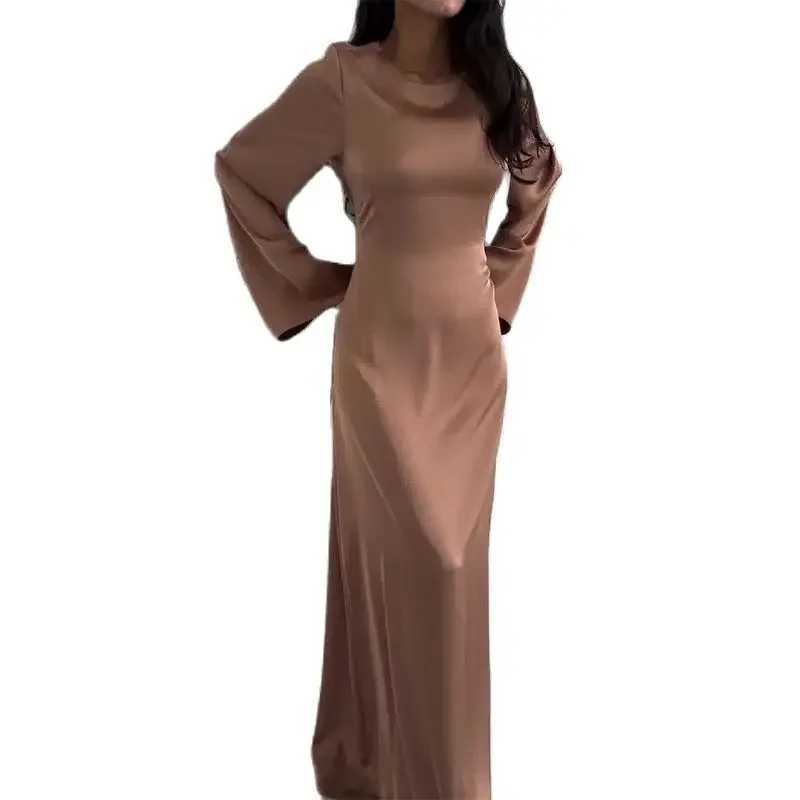 Women Back Lace-up Slim Fit Dresses Fashion Solid Color Floor-length Dress Female Commuter Party Gown Flared Long Sleeves FrockXJ250514