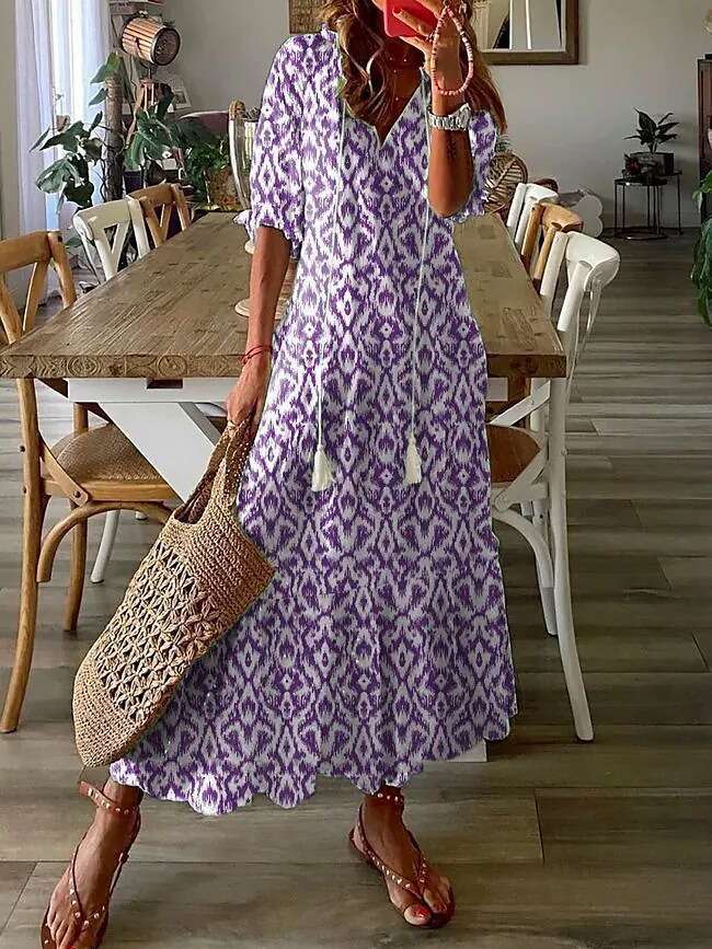 Women Clothes Dress Casual Sweet Loose V Neck Printed Hanging Beard Middle Sleeve Long Dress For Women KQ