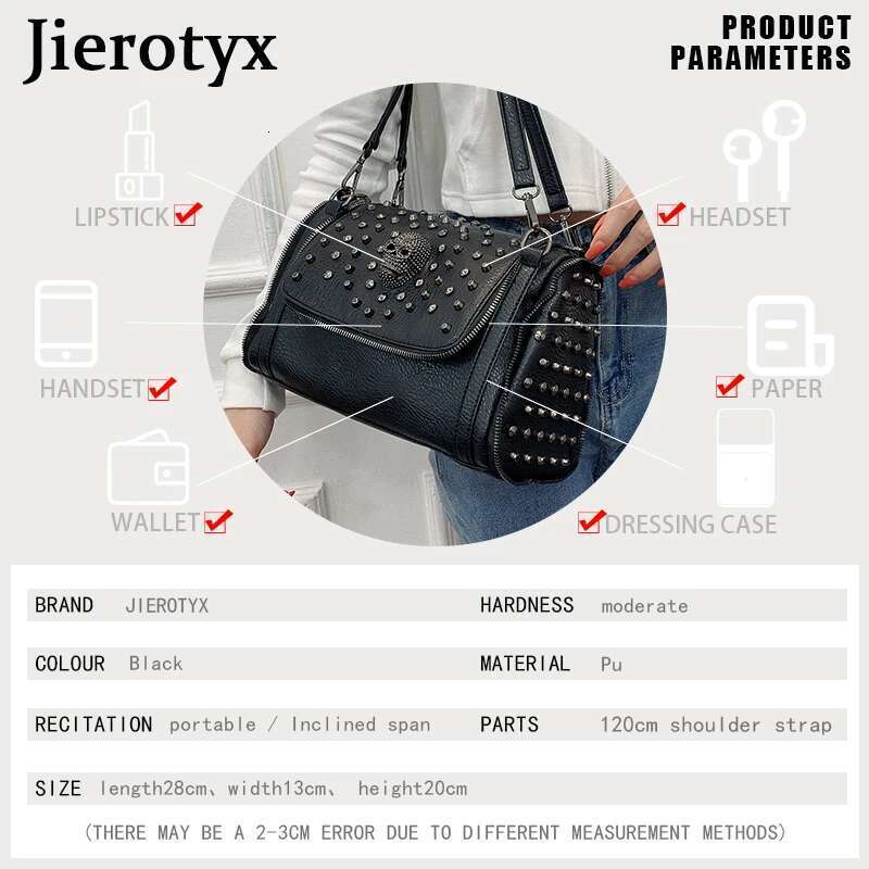 JIEROTYX Sexy Rivet Shoulder Female Designer Punk Skull Gothic Style Womens Handbags Large Capacity Messenger Bags
