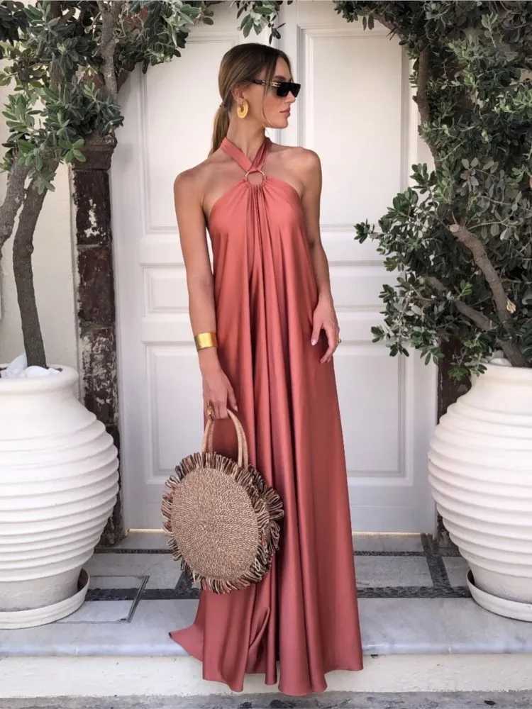 Party Dresses For Women Loose Halter Neck Leace-up Backless Sexy Satin Evening Dress A-line Summer New Fashion Elegant VacationXJ250514