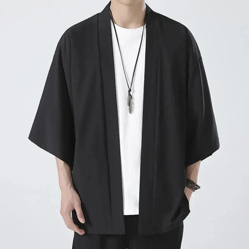Mens Japanese Kimono Shirts Casual Open Stitch Lightweight Yukata Fashion Black Cardigan 34 Sleeve Outwear for Summer Vacation 250514