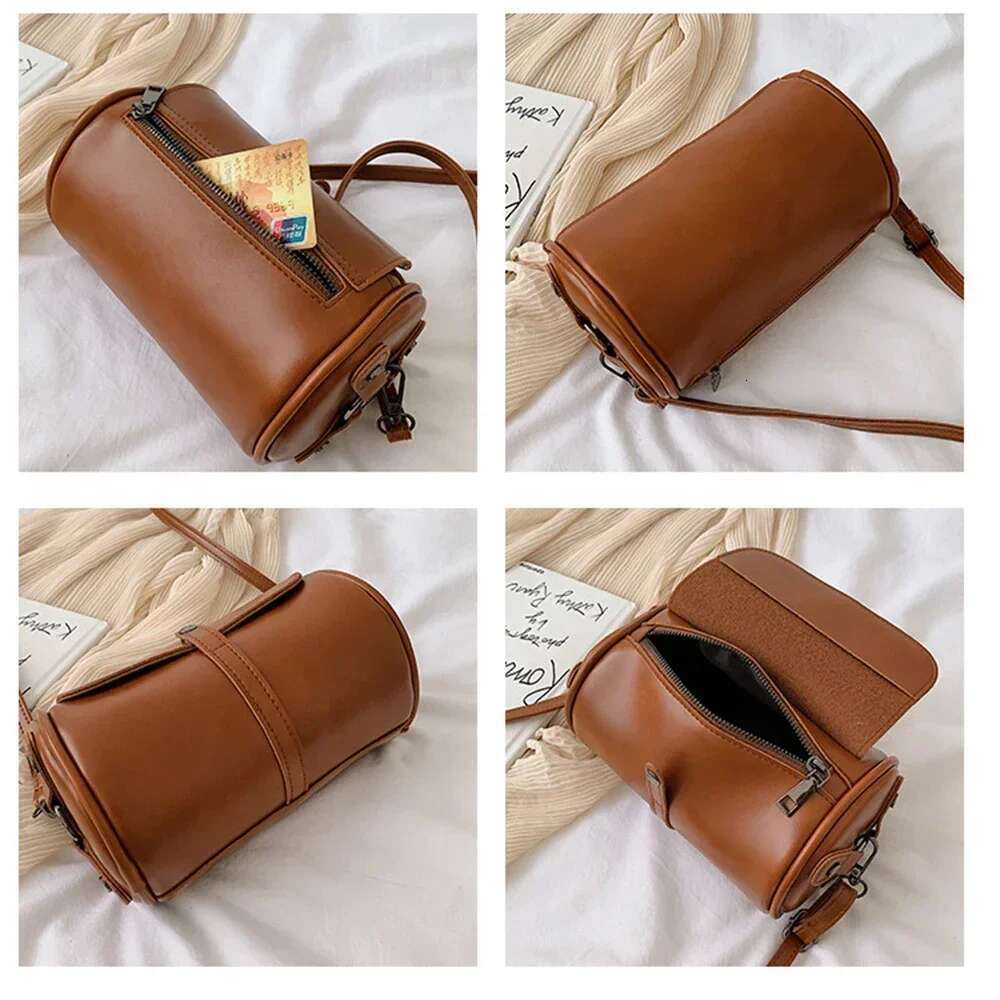 Fashionable Retro Large Capacity Cylindrical PU Leather Single Shoulder Crossbody Bag