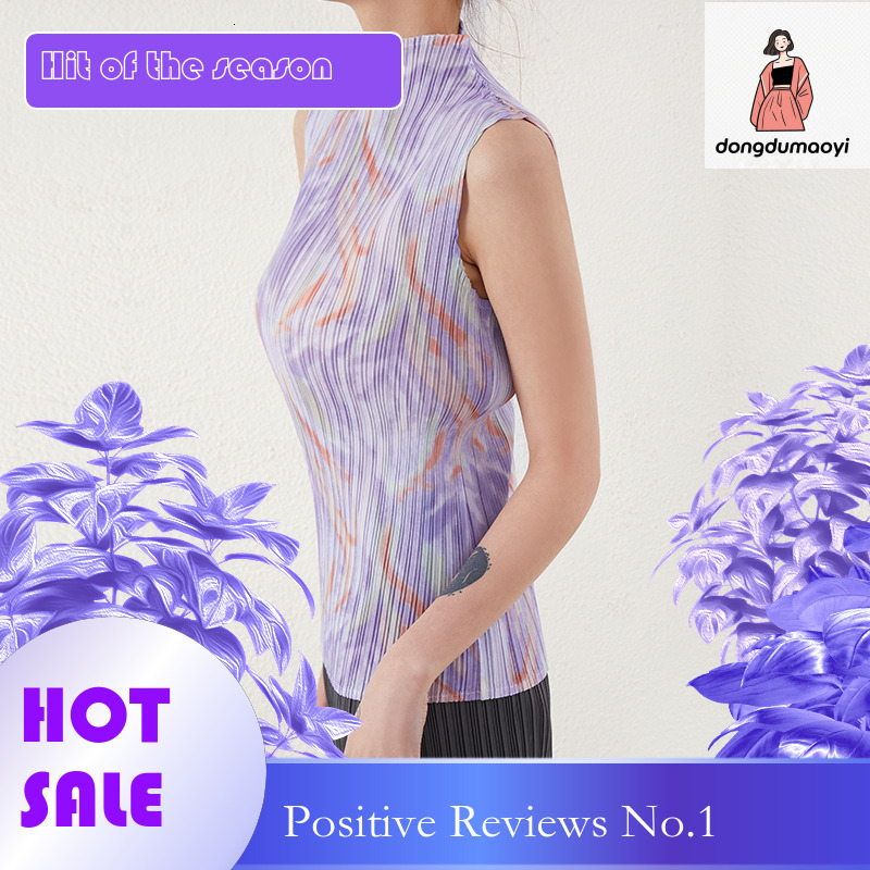 dongdumaoyi Wrinkled top thin pullover half slim fit sleeveless printed yellow elastic round neck temperament commuting vest t-shirt