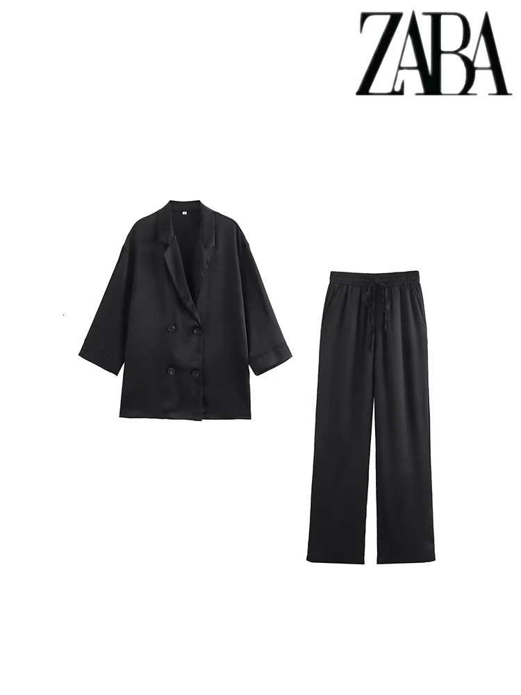 TRAF Womens Solid Color Casual Set Double Chest Collar Jacket High Waist Wide Leg Pants Two Piece 250530