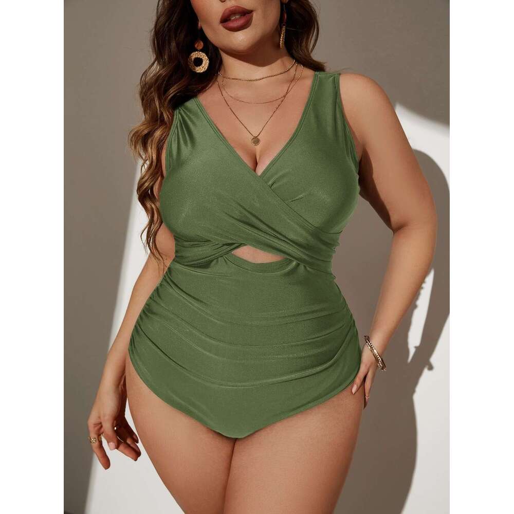New European and American plus size one-piece women's beach solid color multi-color polyester high elasticity explosive swimsuit new temperament 