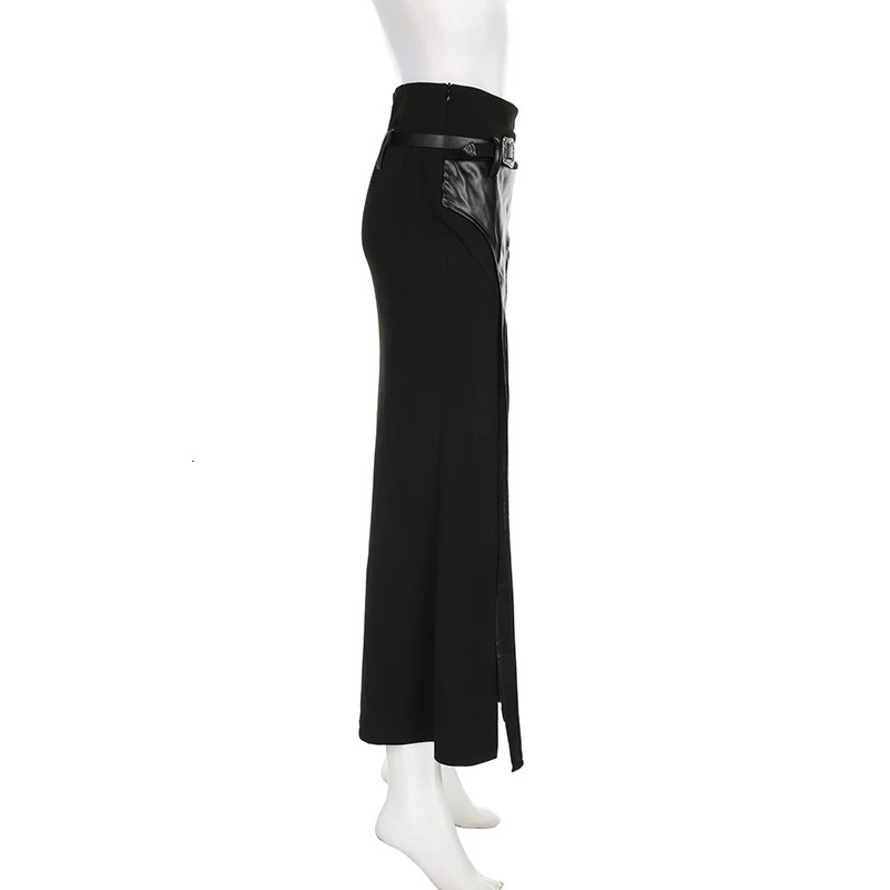 SUCHCUTE Gothic PU Belt Match Long Skirt Sexy Straight Tassel Slit Irregular Midi Punk High Waist Party Women Outfit 250514